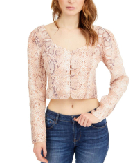 Женская льняная укороченная блуза Guess на пуговицах 1159783492 (Бежевый, M)