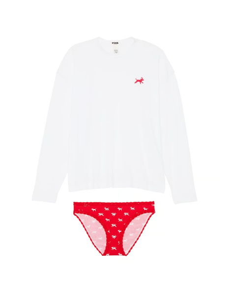 Домашний комплект Victoria’s Secret Pink лонгслив и трусики 1159833266 (Белый/Красный S)