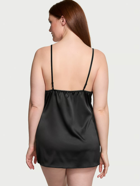 Атласная мини-комбинация Victoria's Secret с кружевной отделкой 1159833290 (Черный L)