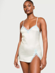 Атласная мини-комбинация Victoria's Secret с кружевной отделкой 1159832271 (Молочный XL)