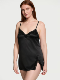 Атласная мини-комбинация Victoria's Secret с кружевной отделкой 1159833290 (Черный L)