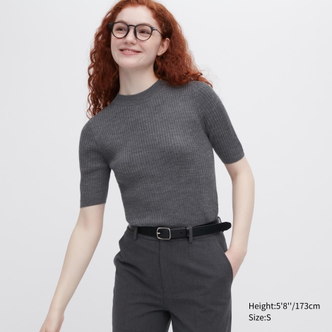 Вязаная футболка UNIQLO из шерсти мериноса 1159793484 (Серый, XS)