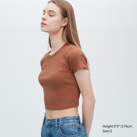 Укороченная футболка UNIQLO в рубчик 1159795589 (Коричневый, XS)