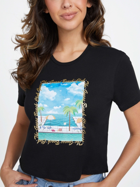Женская укороченная футболка GUESS с принтом и стразами 1159804313 (Черный, XL)