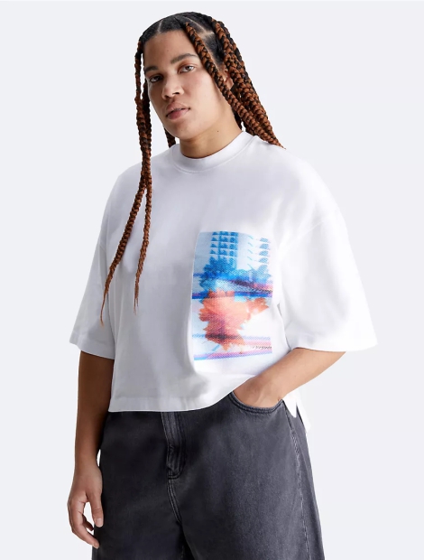 Женская укороченная футболка Calvin Klein с принтом и логотипом 1159808405 (Белый, 3XL)