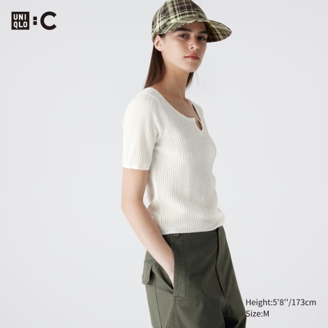 Укороченная футболка UNIQLO из легкой вязаной ткани 1159811629 (Белый, S)