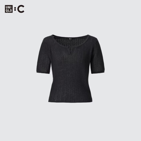 Укороченная футболка UNIQLO из легкой вязаной ткани 1159811635 (Черный, S)