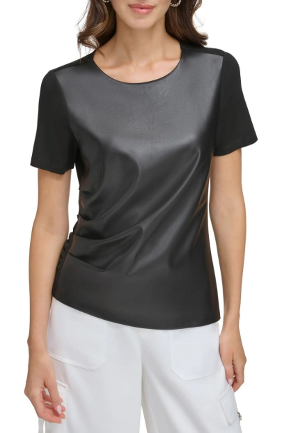 Женская футболка DKNY со вставкой из экокожи 1159813880 (Черный, XL)