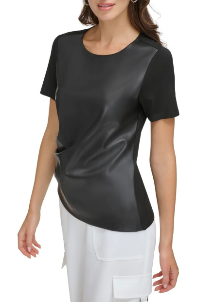 Женская футболка DKNY со вставкой из экокожи 1159813880 (Черный, XL)