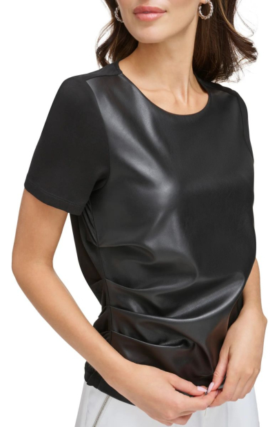 Женская футболка DKNY со вставкой из экокожи 1159813880 (Черный, XL)