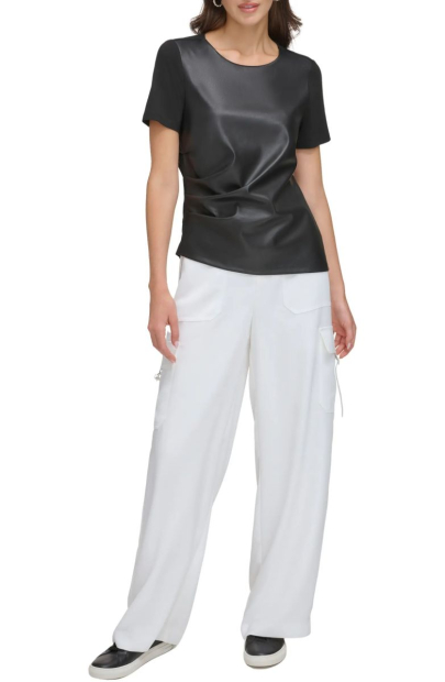 Женская футболка DKNY со вставкой из экокожи 1159813880 (Черный, XL)