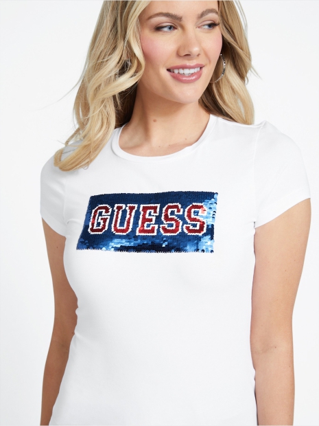 Женская футболка GUESS с принтом из пайеток 1159821115 (Белый XXL)