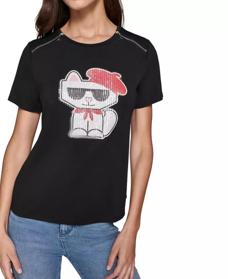 Женская футболка Karl Lagerfeld Paris с принтом и пайетками 1159837770 (Черный L)