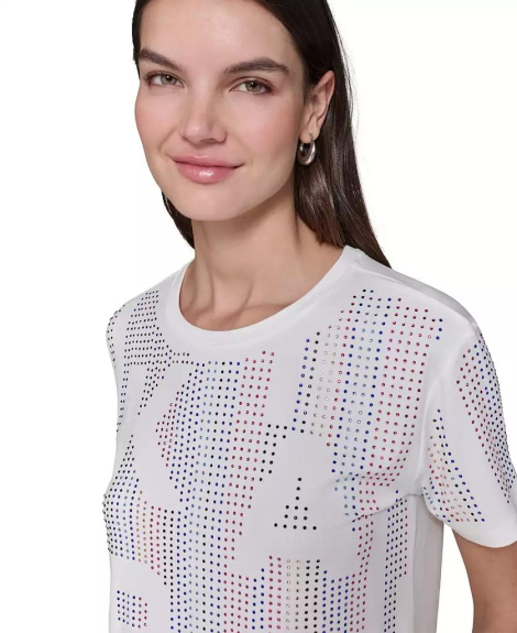 Женская эластичная футболка Karl Lagerfeld Paris со стразами 1159837576 (Молочный XL)
