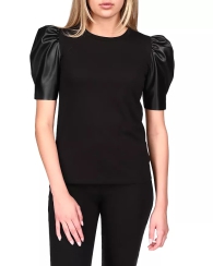 Женская футболка Michael Kors с рукавами-воланами из экокожи 1159786030 (Черный, M)
