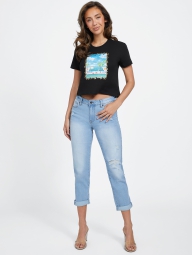 Женская укороченная футболка GUESS с принтом и стразами 1159804313 (Черный, XL)