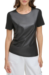 Женская футболка DKNY со вставкой из экокожи 1159813880 (Черный, XL)