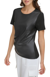 Женская футболка DKNY со вставкой из экокожи 1159813880 (Черный, XL)