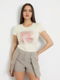 Эластичная футболка с сеточкой сзади GUESS с принтом и стразами 1159834624 (Молочный L)
