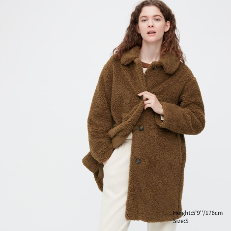 Плюшевое пальто с ветрозащитной технологией Uniqlo Teddy на флисе 1159775515 (Коричневый, L)