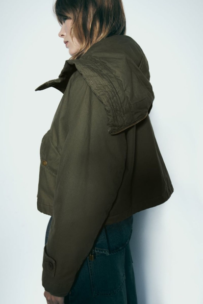 Укороченная куртка ZARA с капюшоном 1159798729 (Зеленый, L)