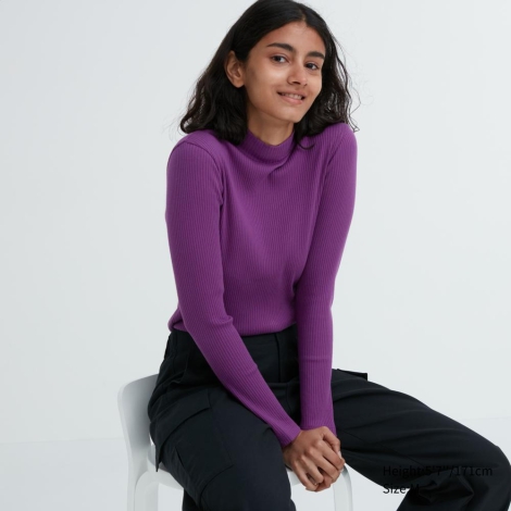 Эластичный лонгслив UNIQLO в рубчик 1159804953 (Фиолетовый, S)