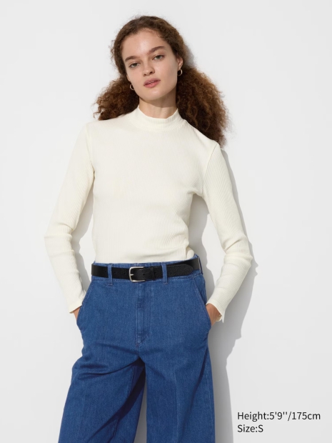 Эластичный лонгслив UNIQLO водолазка в рубчик 1159829246 (Молочный XXL)