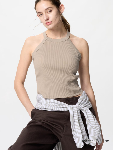 Женская майка со вшитым бюстом Uniqlo в рубчик 1159835848 (Бежевый S)