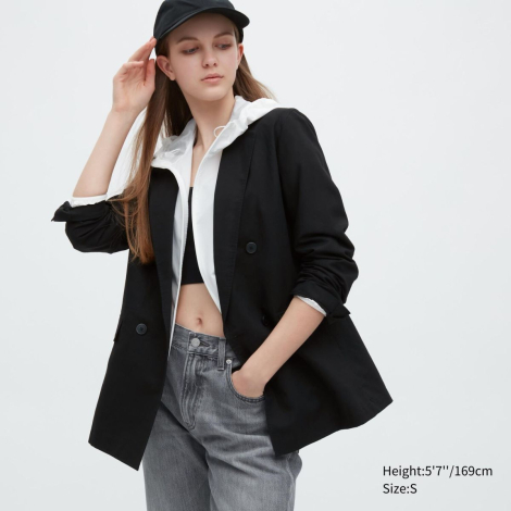 Льняной двубортный пиджак UNIQLO на пуговицах 1159790182 (Черный, XS)