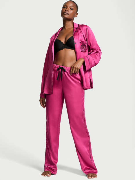 Атласна жіноча піжама Victoria's Secret сорочка та штани 1159833715 (Рожевий XXL)