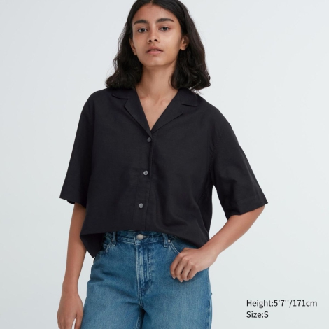 Женская льняная рубашка Uniqlo с короткими рукавами 1159807850 (Черный, XXL)