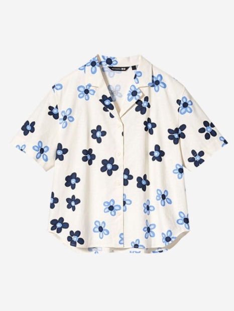 Женская льняная рубашка Uniqlo Marimekko с короткими рукавами 1159815822 (Молочный XS)