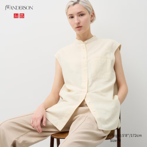 Женская льняная рубашка Uniqlo без рукавов 1159816150 (Молочный XS)