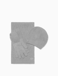 Вафельный вязаный комплект Calvin Klein шапка с шарфом и варежками 1159772606 (Серый, One size)