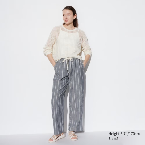 Легкие брюки из льняной смеси UNIQLO в полоску 1159816035 (Синий XL)