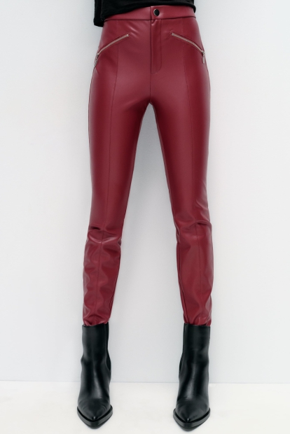 Штани ZARA з екошкіри 1159820605 (Червоний M)