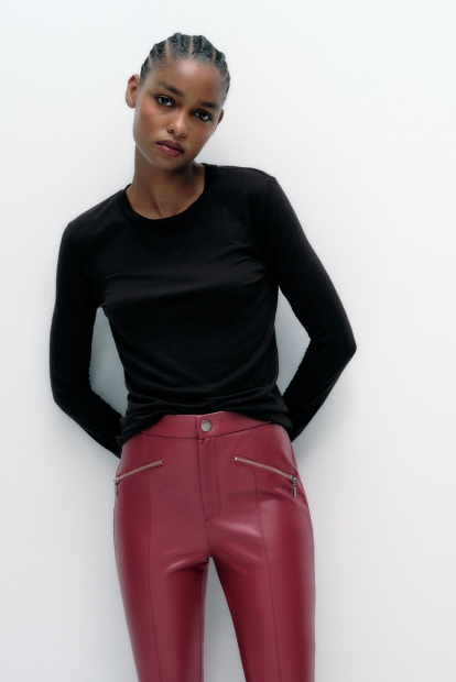 Штани ZARA з екошкіри 1159820605 (Червоний M)