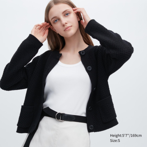 Женский твидовый жакет UNIQLO кардиган 1159786712 (Черный, L)