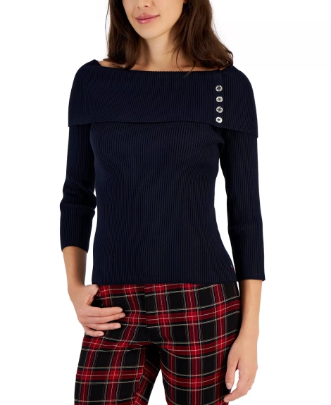 Жіночий ребристий светр з відкритими плечима Tommy Hilfiger 1159808331 (Білий/синій, M)