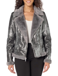 Женская блестящая куртка Tommy Hilfiger из экозамши на меху 1159809130 (Серый, L)