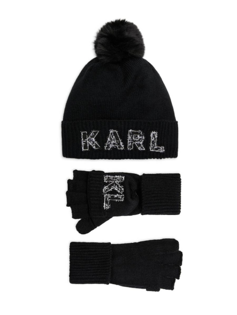 В'язаний комплект Karl Lagerfeld Paris шапка та рукавички 1159829355 (Чорний One size)
