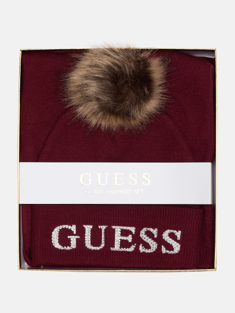 Вязаный набор со стразами Guess шапка и шарф в подарочной коробке 1159859524 (Бордовый One size)