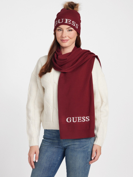 Вязаный набор со стразами Guess шапка и шарф в подарочной коробке 1159859524 (Бордовый One size)