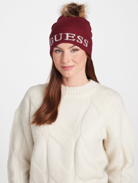 Вязаный набор со стразами Guess шапка и шарф в подарочной коробке 1159859524 (Бордовый One size)