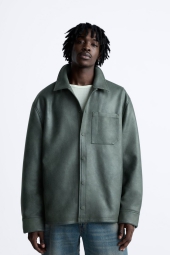 Мужская куртка-рубашка из искусственной кожи ZARA оверсайз 1159803022 (Зеленый, M)
