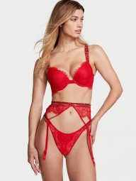 Мереживний комплект зі стразами Victoria's Secret погруддя Push-Up, пояс для панчох, трусики тонг і панчохи 1159820778 (Черв