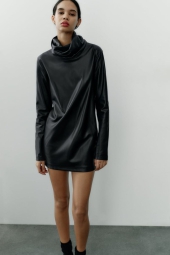 Сукня-міні з високим коміром ZARA з екошкіри 1159800666 (Чорний, S)