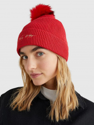 Теплая шапка TOMMY HILFIGER зимняя с помпоном 1159760898 (Красный, One size)